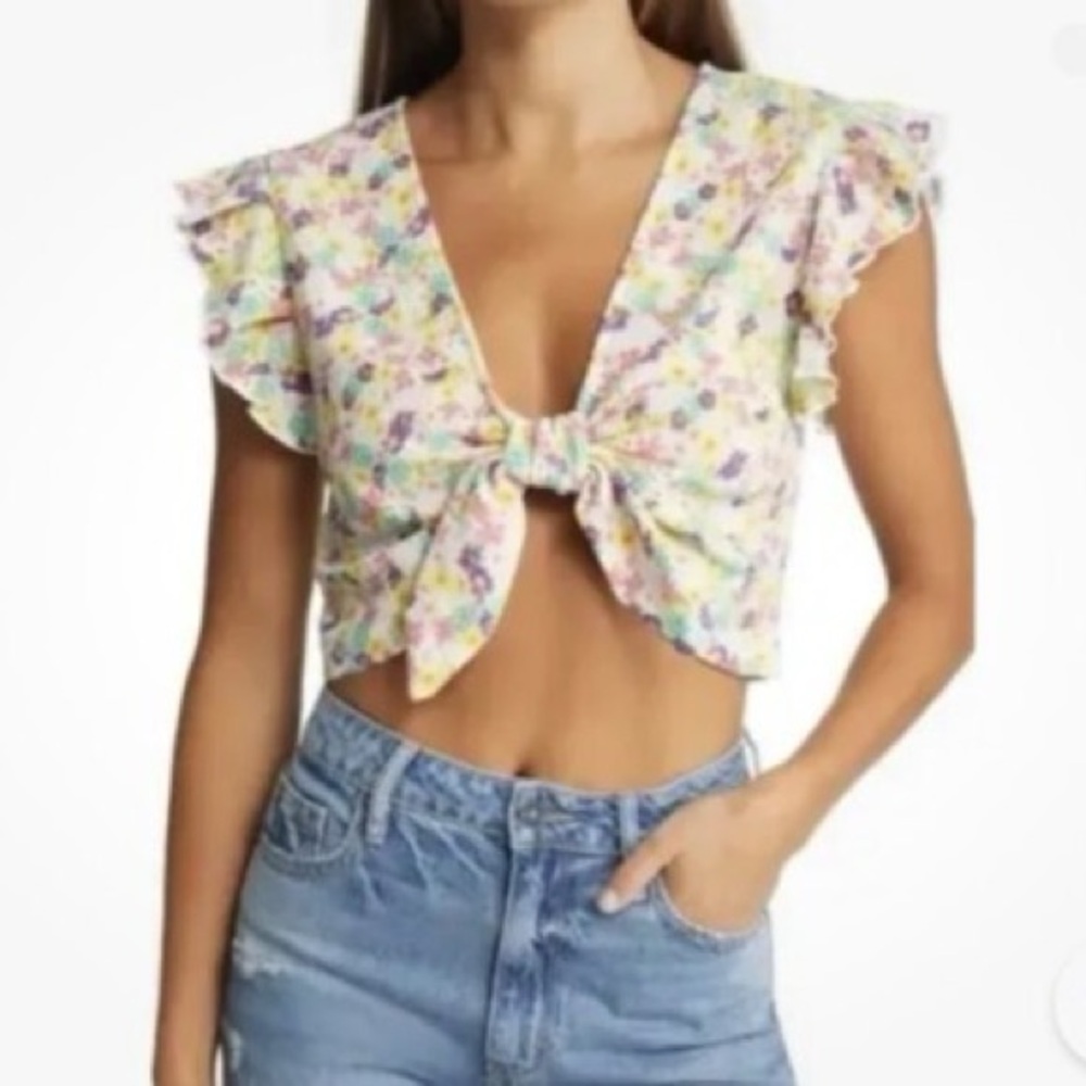 VERO MODA Tie-Front Crop Top Colorful Floral Print
